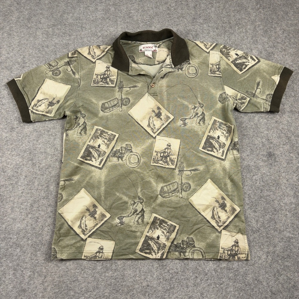 Summa Polo Shirt Mens Large Green Fishing All Over Print‎ Short Sleeve Novelty